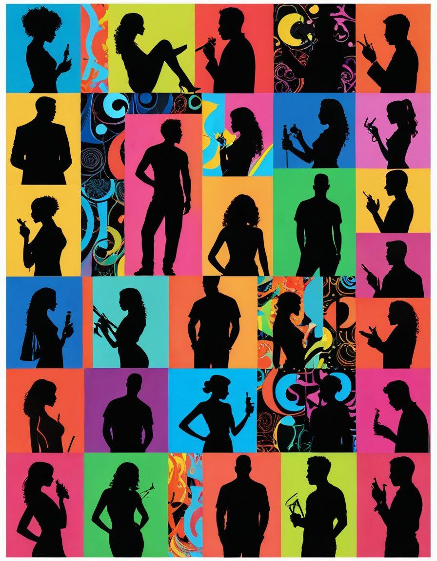 A visually striking collage showcasing diverse representations of sexual content and entertainment trends, featuring bold neon colors, artistic silhouettes of diverse couples, and iconic symbols of various entertainment forms (e.g., film reels, music notes, and art pieces). The background should have subtle, abstract shapes that evoke a sense of exploration and fluidity, inviting viewers into a world beyond boundaries. super-realistic. vibrant colors. abstract background.