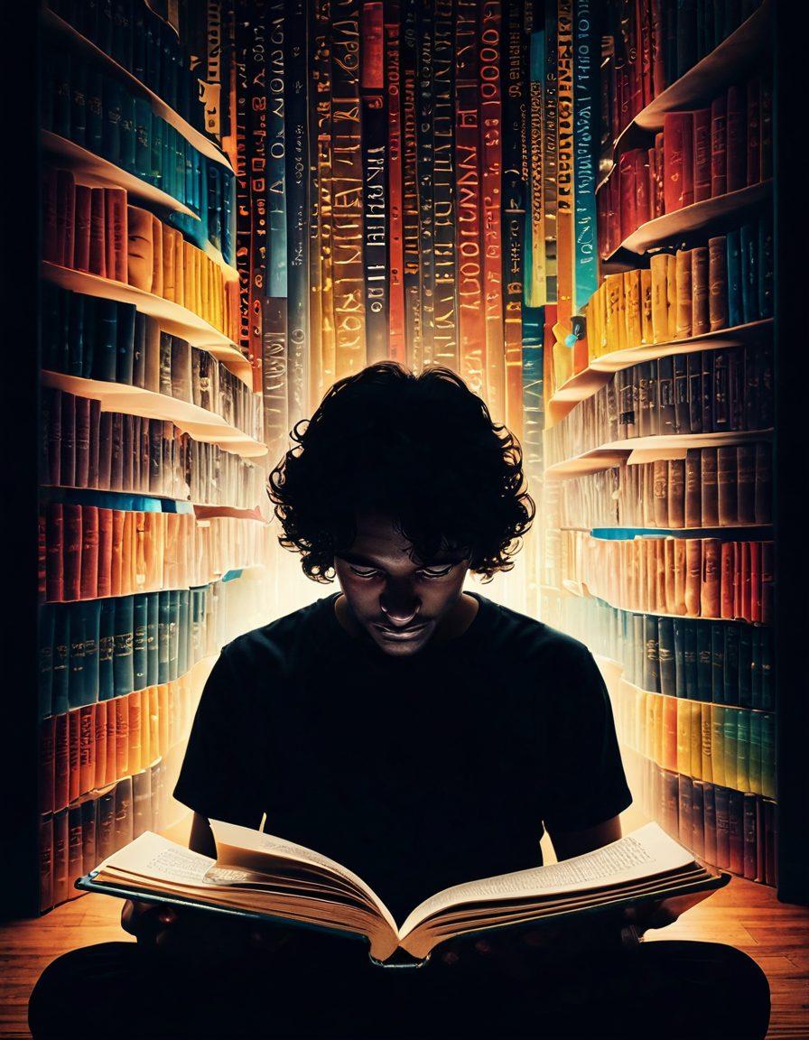 A visually dynamic collage illustrating the transition from traditional books to modern screens, featuring an open book with pages transitioning into film strips and digital screens, symbolizing adult media. Include silhouettes of diverse readers engaged with books and devices, surrounded by icons of movies, shows, and podcasts. The background should blend warm and cool colors for contrast, creating a sense of depth and motion. vibrancy. digital art. cinematic style.