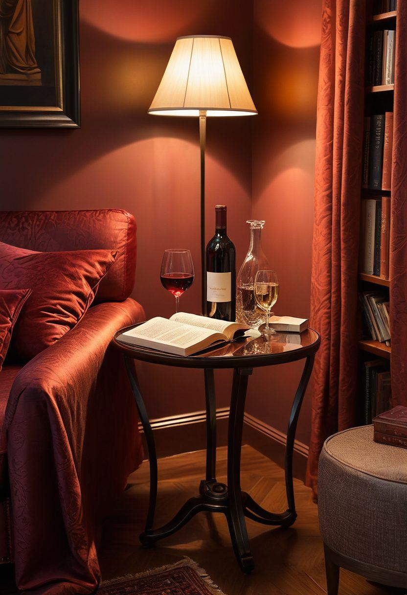 A captivating scene that showcases a cozy library filled with shelves of diverse erotic literature, a plush reading nook with soft lighting, and an inviting ambiance. Include elements like an open book displaying intriguing, suggestive illustrations and a glass of wine resting on a side table. Add subtle touches of sensuality through warm tones and delicate fabrics in the decor. warm colors. illustrative style. soft focus.